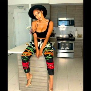 Cotton Blend Bandage Laced Up Sexy Long Sleeve Shirt & Graffit Print Pants